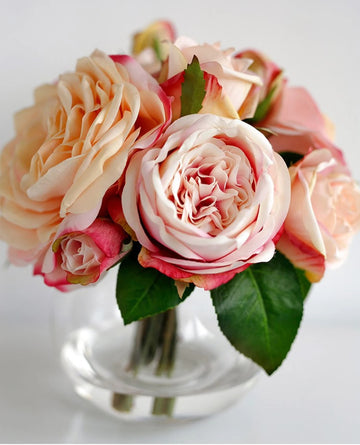 Large Silk Peony with English Rose Arrangement In Glass Vase